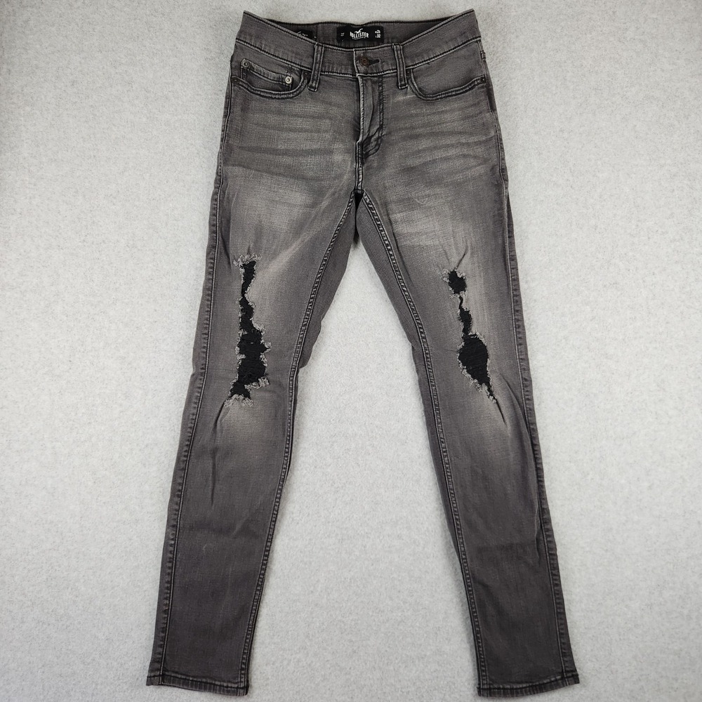 Hollister Ripped Jeans Men's W29 L32 Gray Black Skinny Leg Stretch Distressed